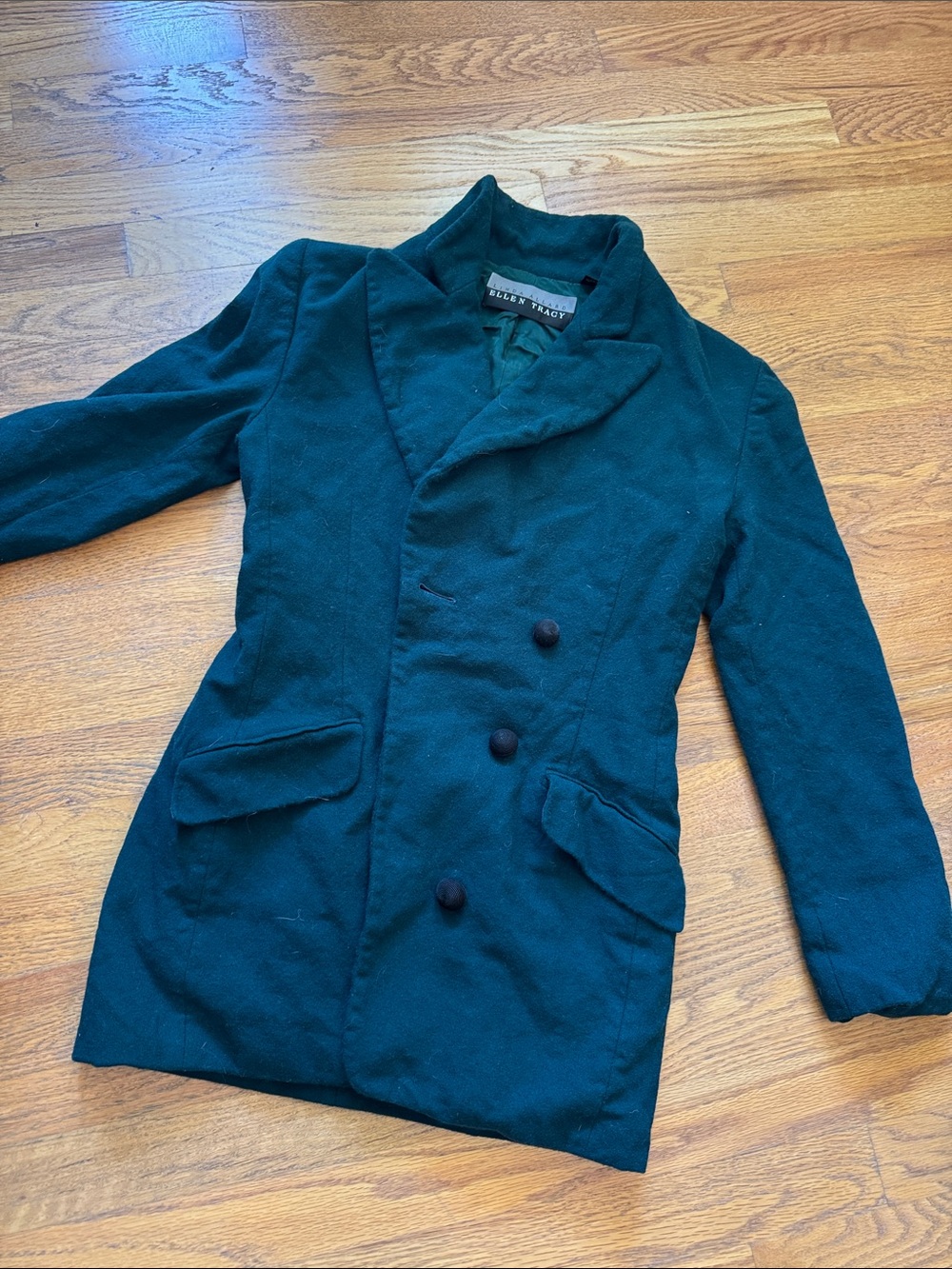 Ellen Tracy Dark Green Double-Breasted Wool-Blend Pea Coat, size 8